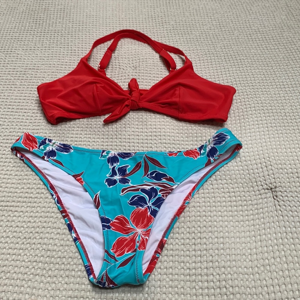 Bikini red top floral bottoms